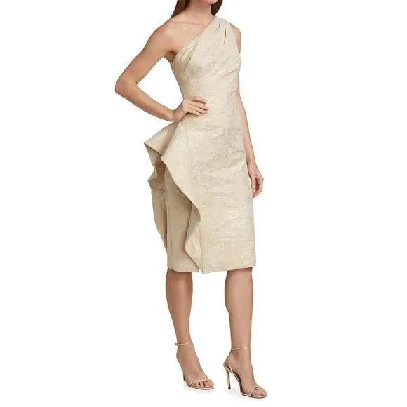 Teri Jon by Rickie FreemanOne-Shoulder Jacquard Rouched Side-Peplum Dress